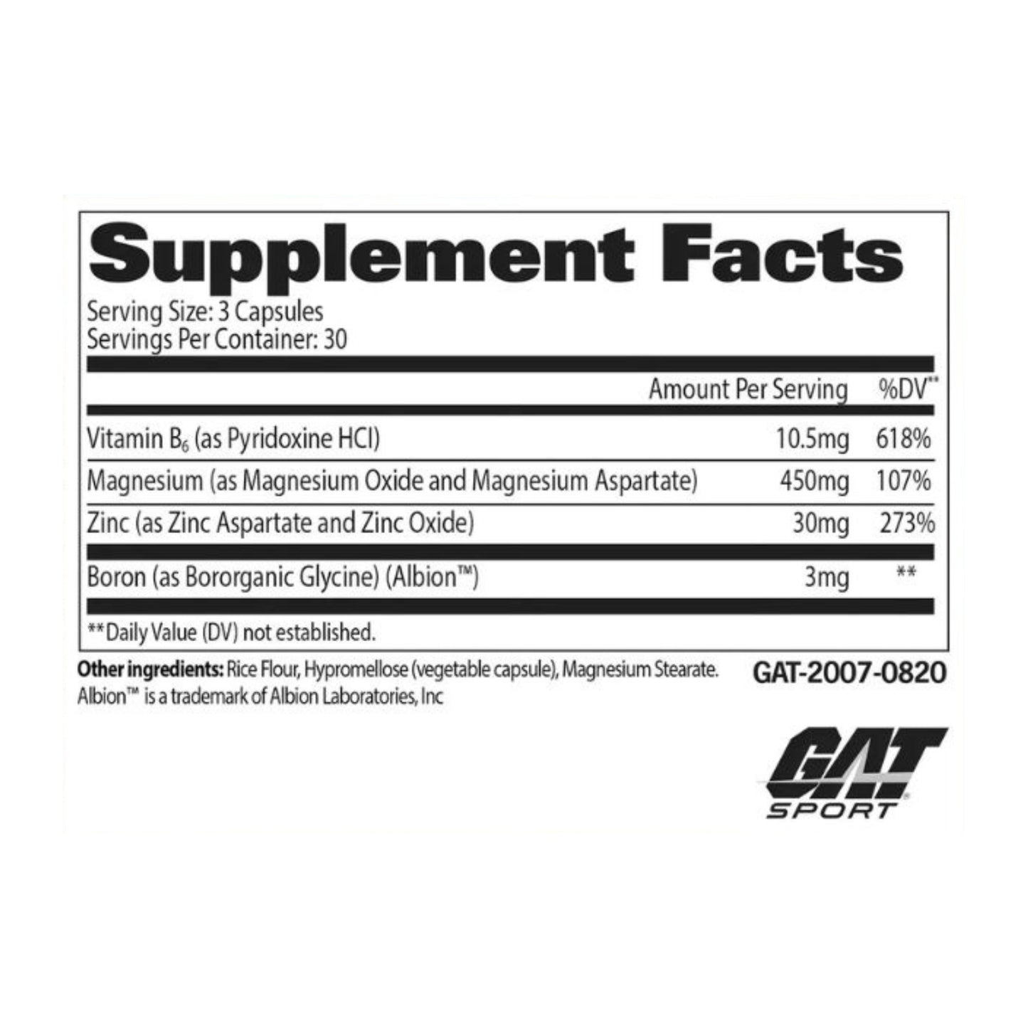 ZMA GAT Sport Zinc Magnesio Vitamina B6 90 Cápsulas Importado